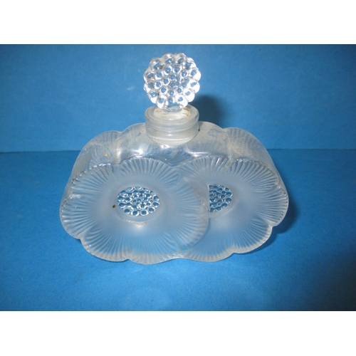 185 - Two vintage Lalique glass scent bottles, one having chip to rim the other having broken stopper, bot... 