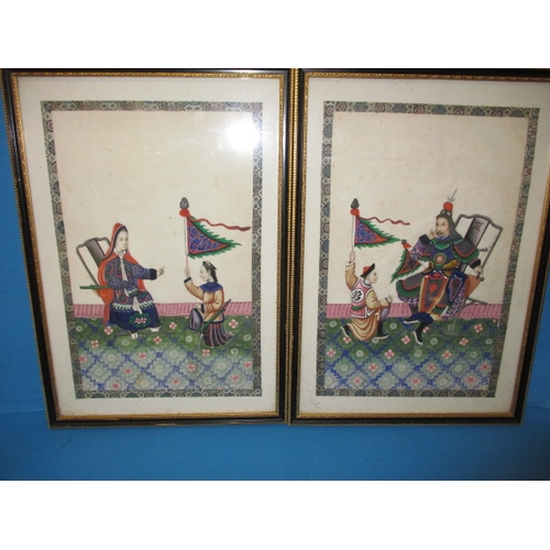 284 - Two vintage oriental painting with silk borders, approx. image sizes 34x22cm