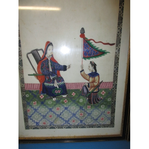 284 - Two vintage oriental painting with silk borders, approx. image sizes 34x22cm