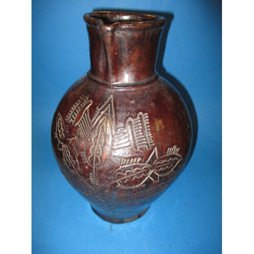 184 - An antique treacle glazed water jug having incised organic form decoration with date of 1658, approx... 