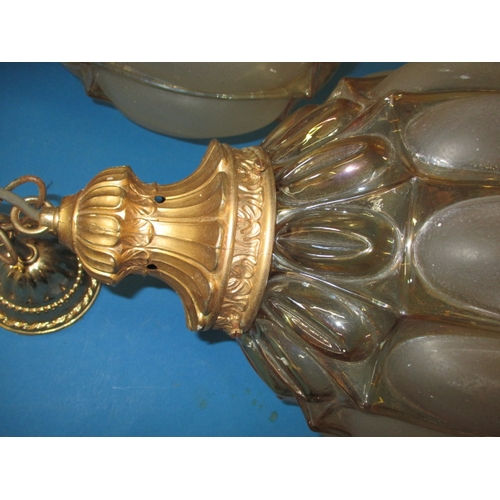 280 - A pair of decorative ceiling lamps, each having frosted and lustre glass shades with gilt metal moun... 