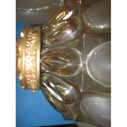 280 - A pair of decorative ceiling lamps, each having frosted and lustre glass shades with gilt metal moun... 