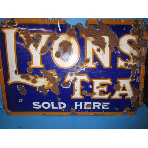 291 - A vintage enamel sign for Lyons Tea, being a domed wall mounted version, approx. size 75x50 having s... 