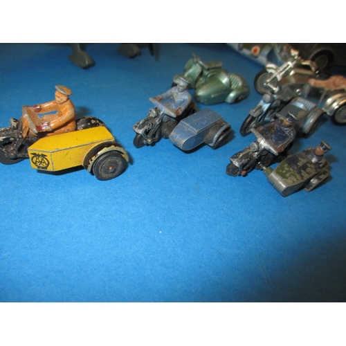 258 - A parcel of vintage die-cast model vehicles, to include AA motorcycle and examples by Dinky and Corg... 