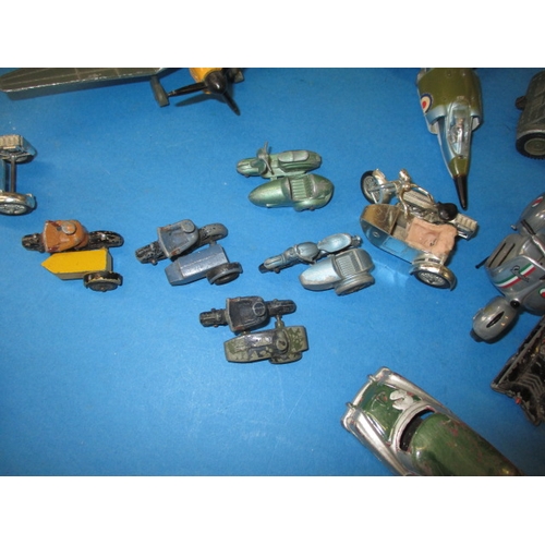 258 - A parcel of vintage die-cast model vehicles, to include AA motorcycle and examples by Dinky and Corg... 