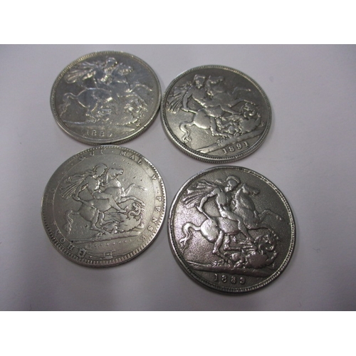 56 - 4 silver crowns, dated 1820,1889x2 and 1891, all in circulated condition with good definition of fea... 