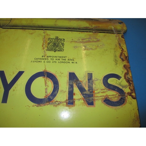 260 - An early 20th century double sided enamel advertising sign for Lyons Cakes, having some fading and m... 