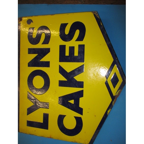 252 - An early 20th century double sided enamel advertising sign for Lyons Cakes, having some light rust a... 