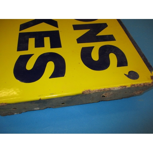 252 - An early 20th century double sided enamel advertising sign for Lyons Cakes, having some light rust a... 