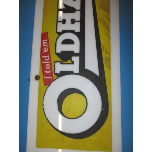 244 - A vintage Perspex advertising sign for Oldham red top vehicle batteries, approx. size 61x17.5cm, in ... 