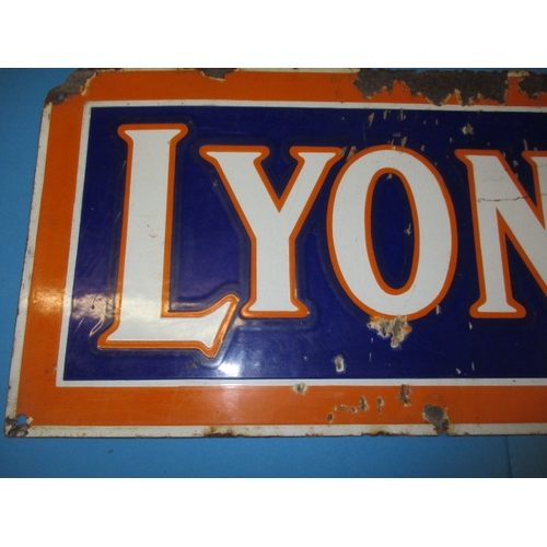 253 - An early 20th century enamel advertising sign for Lyons Tea, approx. size 90x30cm, having rust and s... 