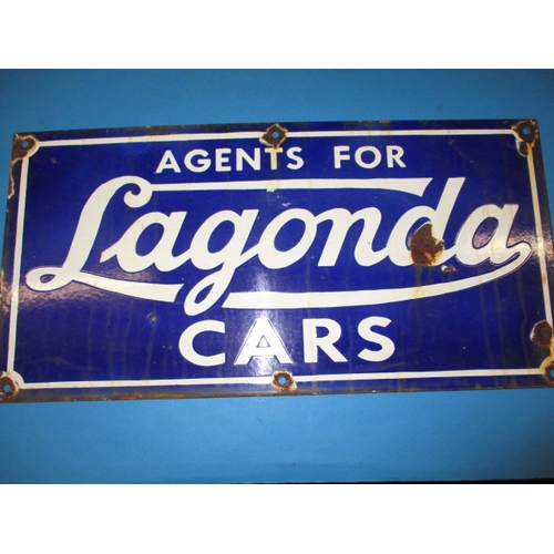 251 - A vintage enamel advertising sign for Lagonda cars, approx. size 61x30cm , having minor enamel loss ... 