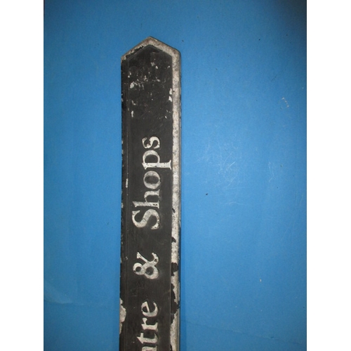 266 - A vintage cast aluminium finger street sign for City centre and shops, slightly bent and cut bracket... 