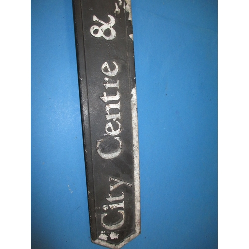 266 - A vintage cast aluminium finger street sign for City centre and shops, slightly bent and cut bracket... 