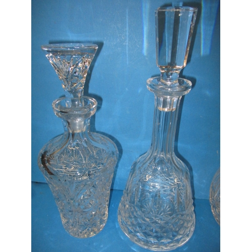 132 - 7 vintage glass drinks decanters, all in good used condition, one with a very small flake to rim all... 