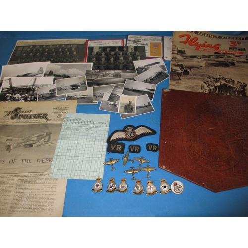 95 - A parcel of vintage RAF collectable items, to include a silk escape map, Spitfire fund lapel badges ... 