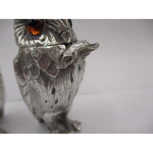 81 - Two cast sterling silver condiment pot in the form of owls, marked for William Comyns & Sons c1965, ... 