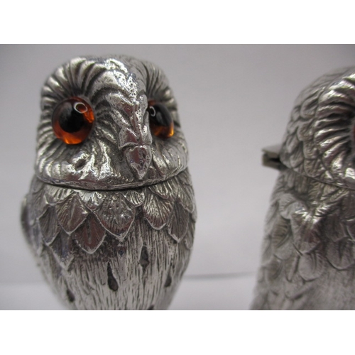 81 - Two cast sterling silver condiment pot in the form of owls, marked for William Comyns & Sons c1965, ... 