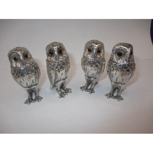 82 - 4 Cast sterling silver owl salt and pepper pots, 2 of each, makers mark for PJM, approx. parcel weig... 