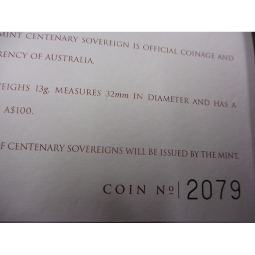 46 - A Perth Mint centenary proof sovereign being a bi-metal example a 22ct gold sovereign with 99.9% sil... 