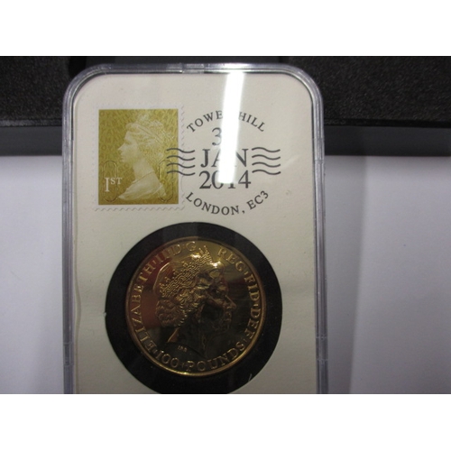 52 - A 2014 proof gold 100 pound coin, being one ounce of 24ct gold (31.21g) with date stamp and in origi... 