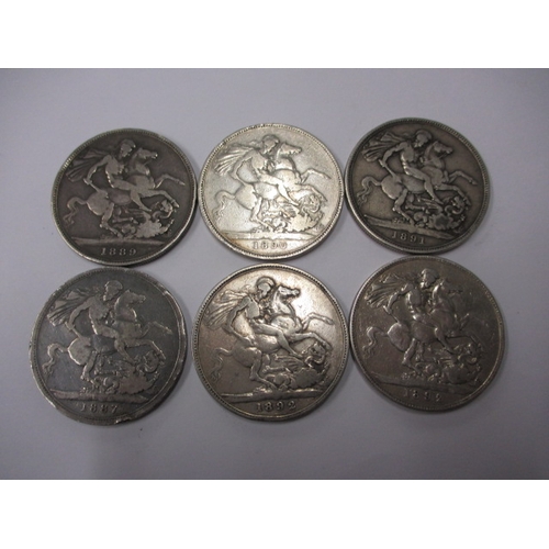 64 - Six Victorian jubilee bust silver crowns, all in circulated condition, various dates and grades