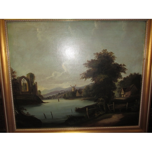 344 - A 19th century continental school oil on canvas, landscape lake scene, approx. image size 61x51cm, u... 