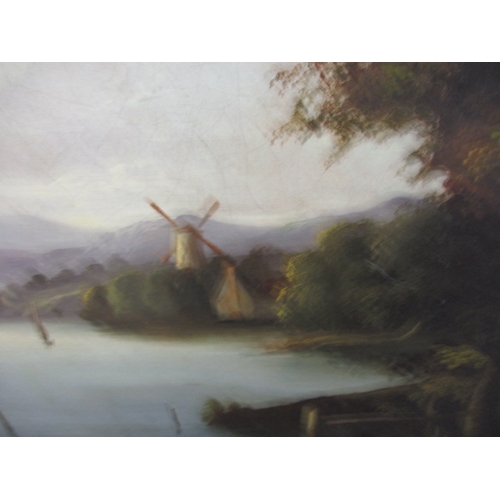 344 - A 19th century continental school oil on canvas, landscape lake scene, approx. image size 61x51cm, u... 