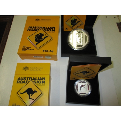 Two Australian .999 silver uncirculated collectors coins, a 1oz and 5oz examples, both uncirculated with original packaging