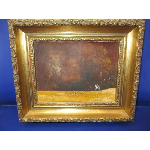 346 - Oil on canvas hunting scene, signed lower right Bernard Willington, approx. image size 18x14cm in go... 