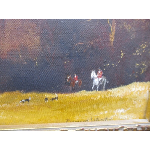 346 - Oil on canvas hunting scene, signed lower right Bernard Willington, approx. image size 18x14cm in go... 