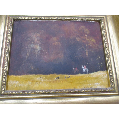 346 - Oil on canvas hunting scene, signed lower right Bernard Willington, approx. image size 18x14cm in go... 