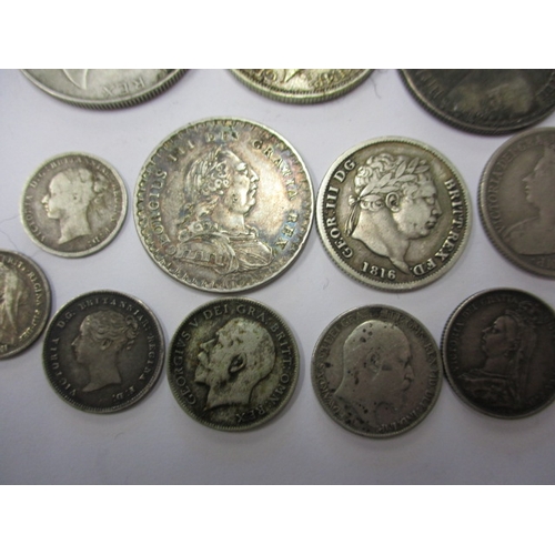 211 - A parcel of Georgian and later silver coins, to include crowns, all in circulated condition with som... 