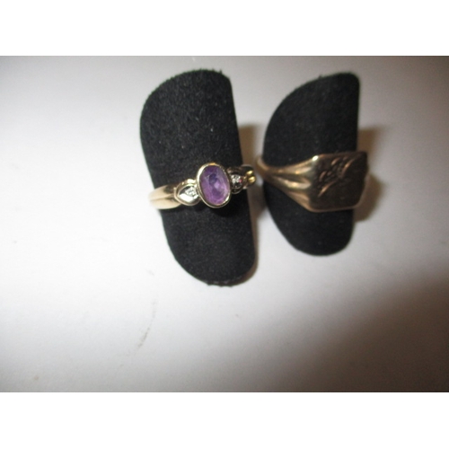 38 - Two 9ct yellow gold rings, one with 2 diamonds and an oval amethyst the other a signet ring, approx.... 