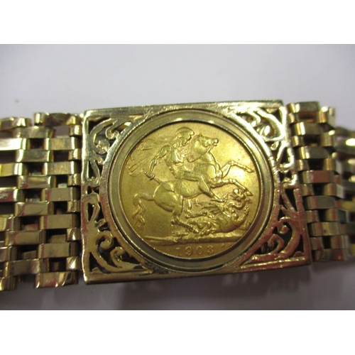 An Edward VII sovereign dated 1903 mounted in a 9ct gold bracelet, approx. gross weight 25.9g, in good useable pre-owned condition