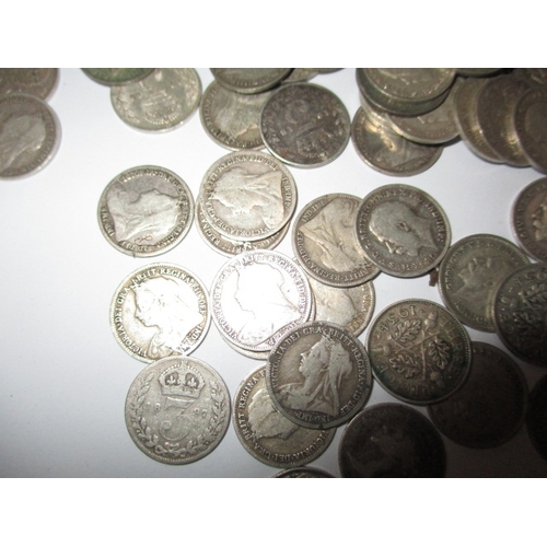 213 - A parcel of silver and part silver 3d coins, all circulated with some very fine grades, approx. gros... 