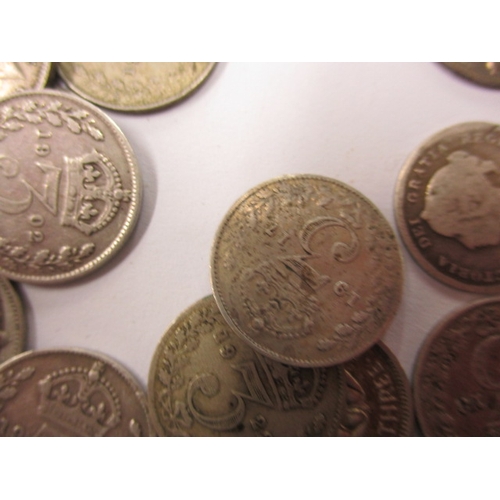 213 - A parcel of silver and part silver 3d coins, all circulated with some very fine grades, approx. gros... 