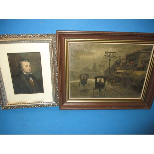 Two framed pictures, one an oil on canvas street scene, signed lower right, in used condition
