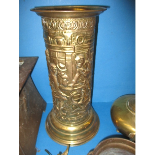 63 - A quantity of brass and metal items, to include an art nouveau planter, all in used condition