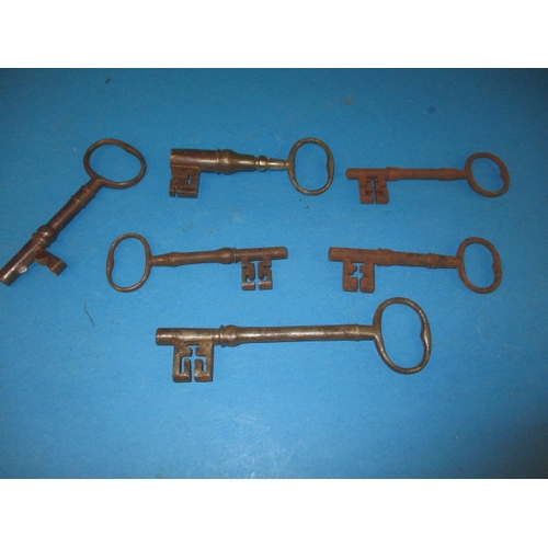 75 - 6 Antique lock keys, approx. length of largest 17cm, one with damage