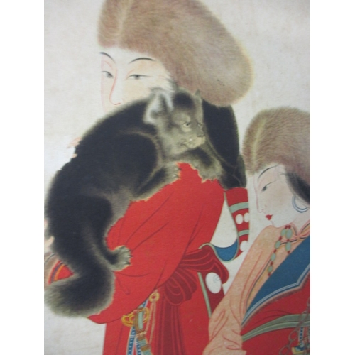 96 - An early 20th century oriental picture in bamboo frame, approx. image size 52x49cm, minor grime and ... 