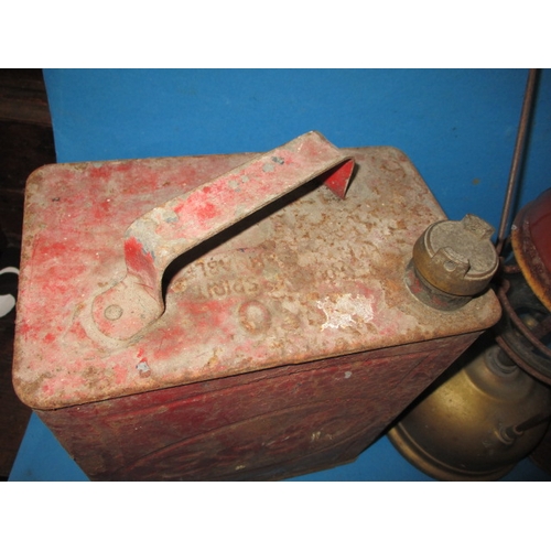 103 - Two vintage petrol cans and a Tilley storm lantern, both cans in original paint with no rust holes a... 