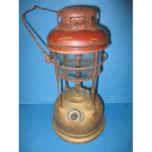 103 - Two vintage petrol cans and a Tilley storm lantern, both cans in original paint with no rust holes a... 