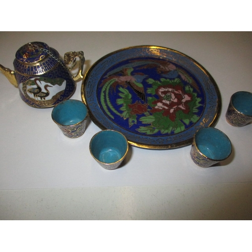 205 - A miniature cloisonné tea set on tray, approx. diameter of tray 11cm, in good pre-owned condition