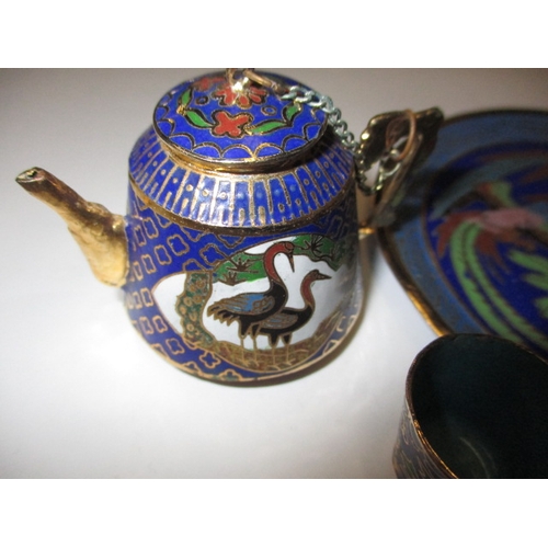 205 - A miniature cloisonné tea set on tray, approx. diameter of tray 11cm, in good pre-owned condition