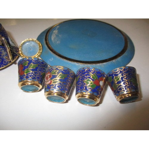 205 - A miniature cloisonné tea set on tray, approx. diameter of tray 11cm, in good pre-owned condition