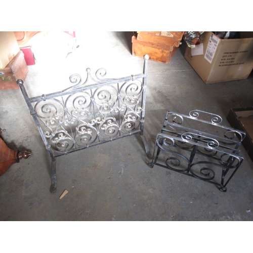 220 - A wrought iron fire screen, magazine rack and coat hook. In useable pre-owned condition