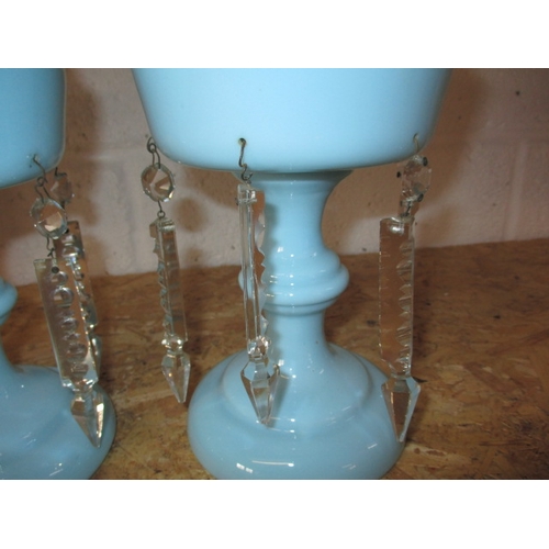 221 - 2, 19th Century, pale blue glass lustres with lead crystal drops. Main bodies no observed damages, s... 