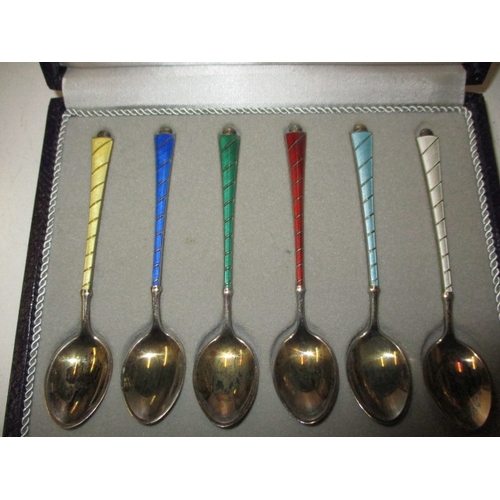 148 - A set of 6 vintage Denmark silver and enamel tea spoons, in original box, all in good pre-owned cond... 