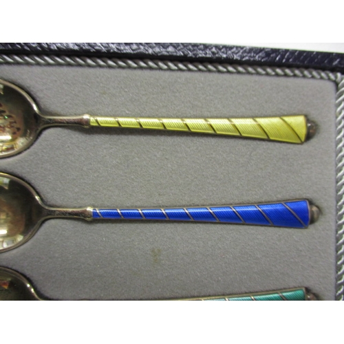 148 - A set of 6 vintage Denmark silver and enamel tea spoons, in original box, all in good pre-owned cond... 